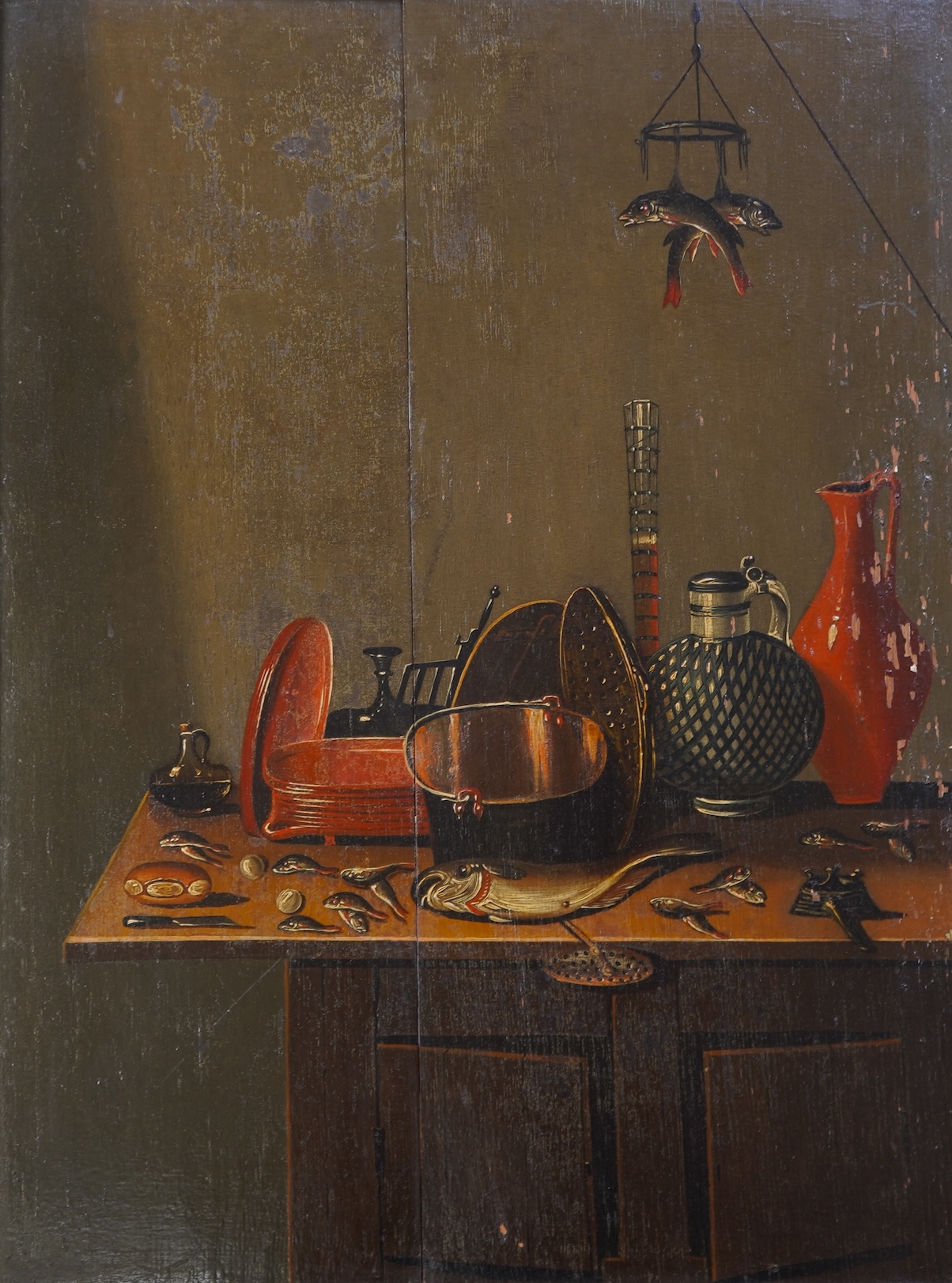 Follower of Gerrit Willemsz. Heda, Dutch (c.1620-c.1702), Still life with fish, jugs and cooking equipment